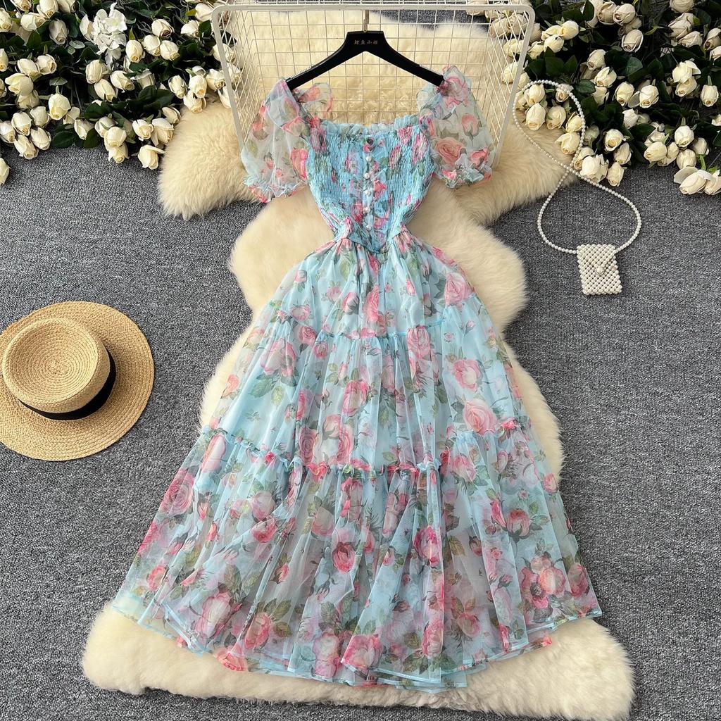 Theepauze Retro Franse Zachte Stijl Bloemen Chiffon Jurk voor Dames met Een Ingesnoerde Taille en Een Pofmouw met Eén Schouder Mesh Rok