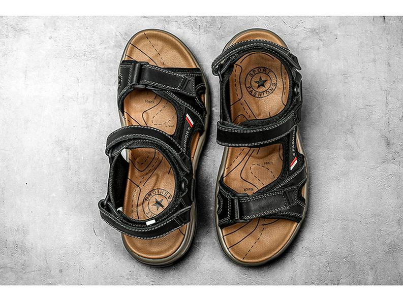 Men's Casual Genuine Leather Open-Toe Beach Sandals with Air Cushion - Lightweight and Plus Size for Outdoor Activities.