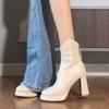 Soft Leather French High-heeled Booties Women's New Spring and Autumn Platform Chunky Heel Skinny Boots