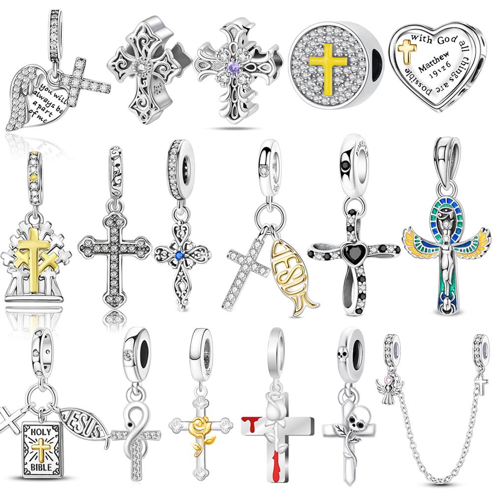 Vintage Copper Sparkling Cross Pendant Goddess Of Life Charm Fit Original Bracelet Diy Retro Jewelry Accessory