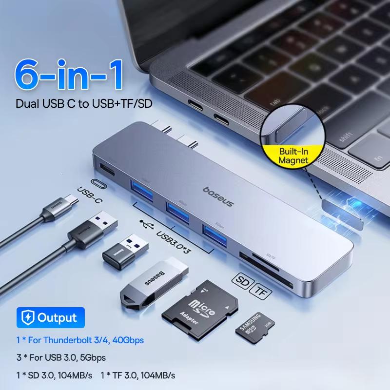 Baseus Двойной USB-C Хаб к HDMI-совместимому 4K 30 Гц Для Thunderbolt 3/4 40 Гбит/с USB 3.0 Type C ХАБ SD TF Для MacBook Pro Air USB Хаб