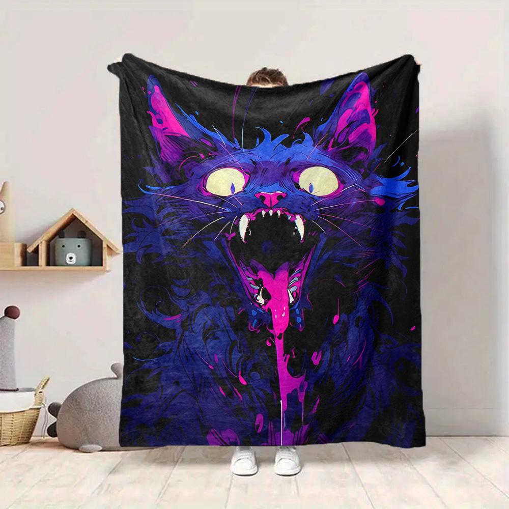 1pc Neon Kitty "Purple Purr" Blanket, Lightweight Flannel Throw Blanket For Sofa, Bed, Travel, Camping, Living Room, Office, Couch, Chair, And Bed