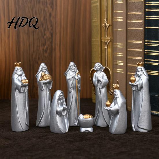 Christmas Manger Set 8 Pcs Resin Nativity Figurines Set Christian Scene Figures Painted Statues Religious Tabletop Miniature for Holiday Indoor