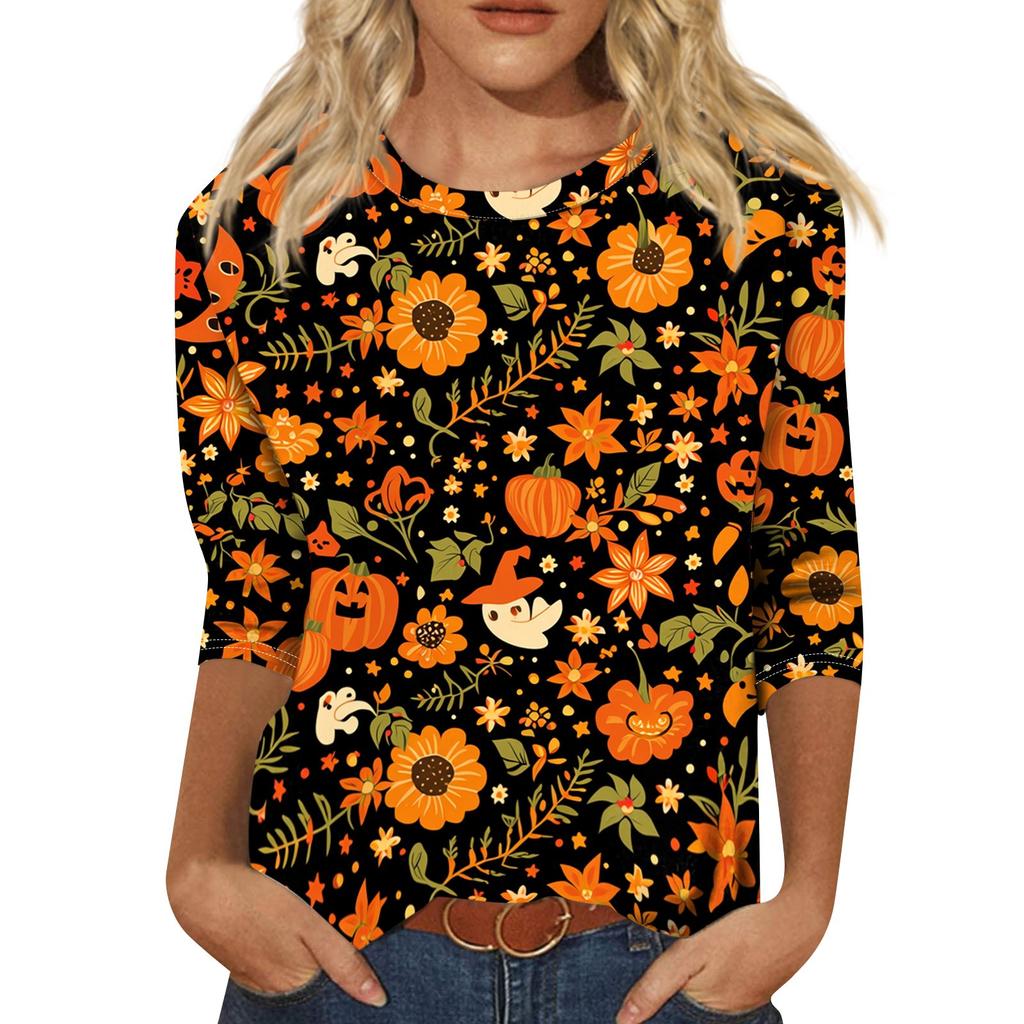 Women's Casual Halloween Print Crew Neck Three Quarter Sleeve T Shirt Top Lightweight Comfortable Fit for Everyday Wear