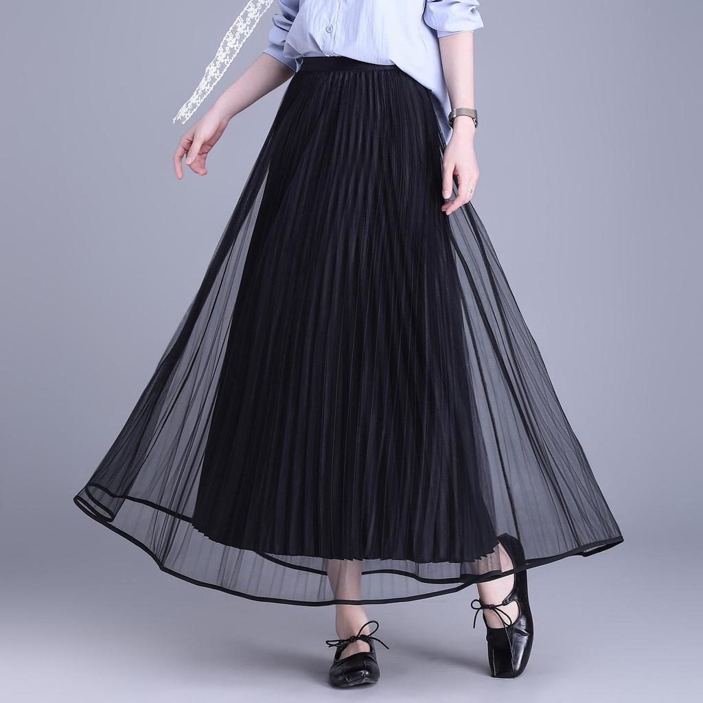 2026 Spring High Waist Pleated Mesh Skirt, Double-Sided Wear, Large Hem, Slimming Commuter Style.
