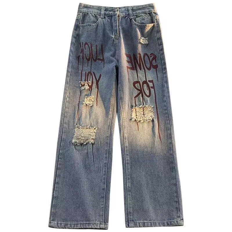 Men's Summer Ripped Ink-Print Harajuku Jeans - Straight Leg Trendy Pants