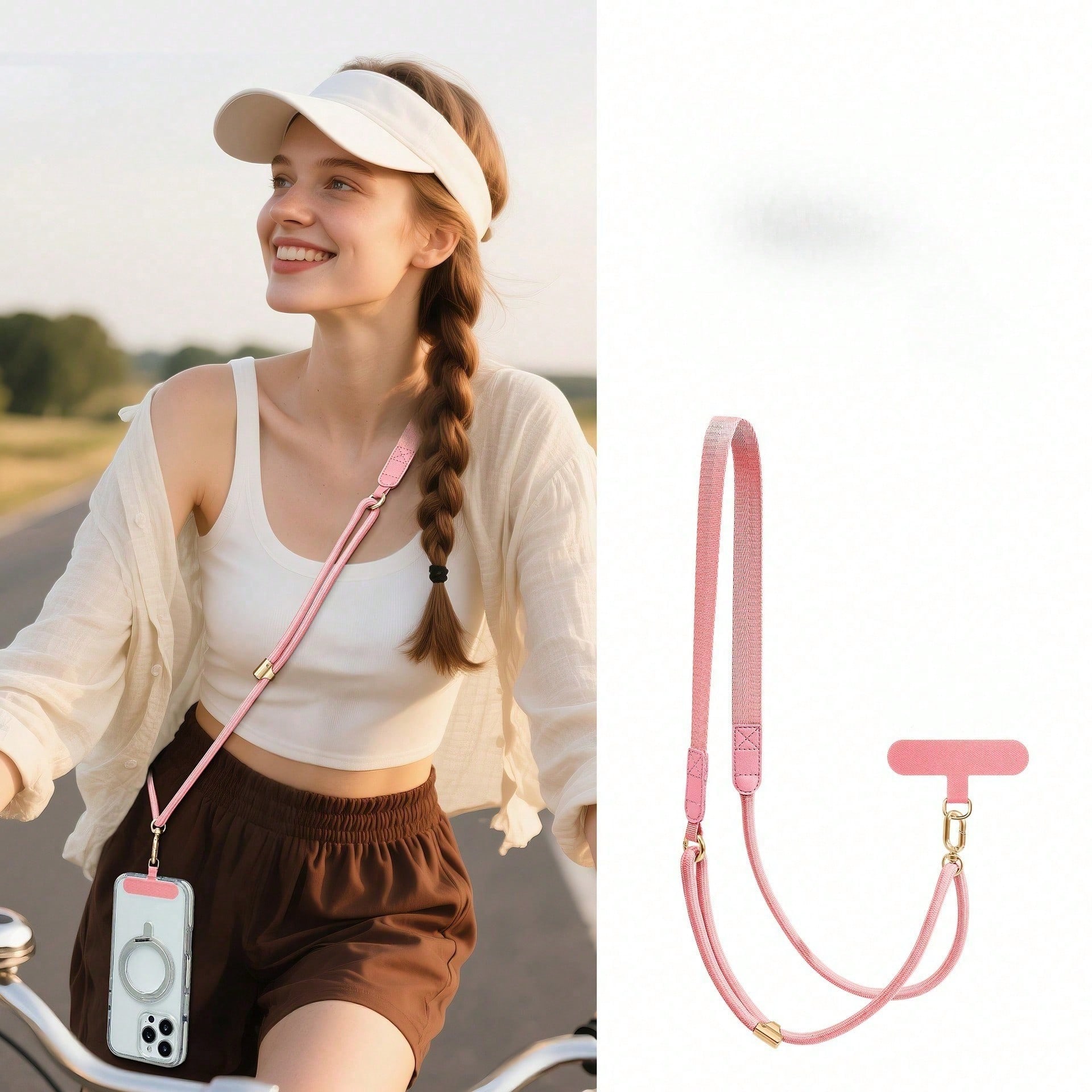 Lanière de téléphone portable à sangle plate large, sangle de cou réglable en bandoulière, cordon anti-vol pink multicolore