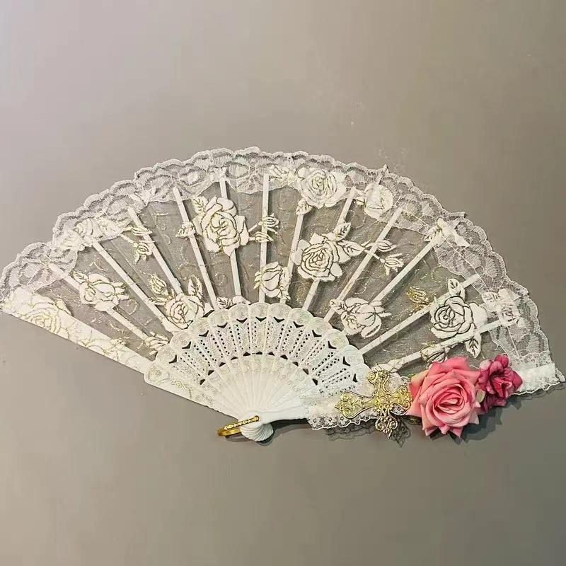 

New Lolita Lace Folding Fan, Gorgeous Retro European Rose Fan, Tea Party Dark Style, Anime Expo Cosplay Prop