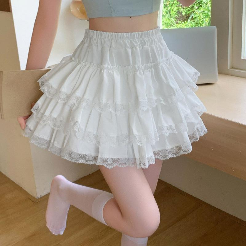 White lace cake fluffy skirt women's sweet skirt A-shaped skirt high waist and thin anti-light ballet skirt