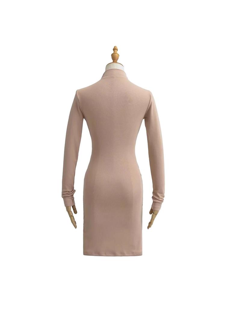 European-Style High Neck Long Sleeve Fleece Dress - Pleated Hot Girl Hip Wrap Skirt