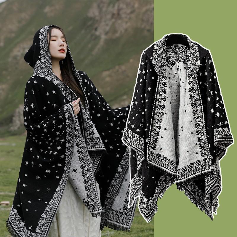 Yunnan Dali Ethnic Style Women's Warm Hooded Scarf Cloak