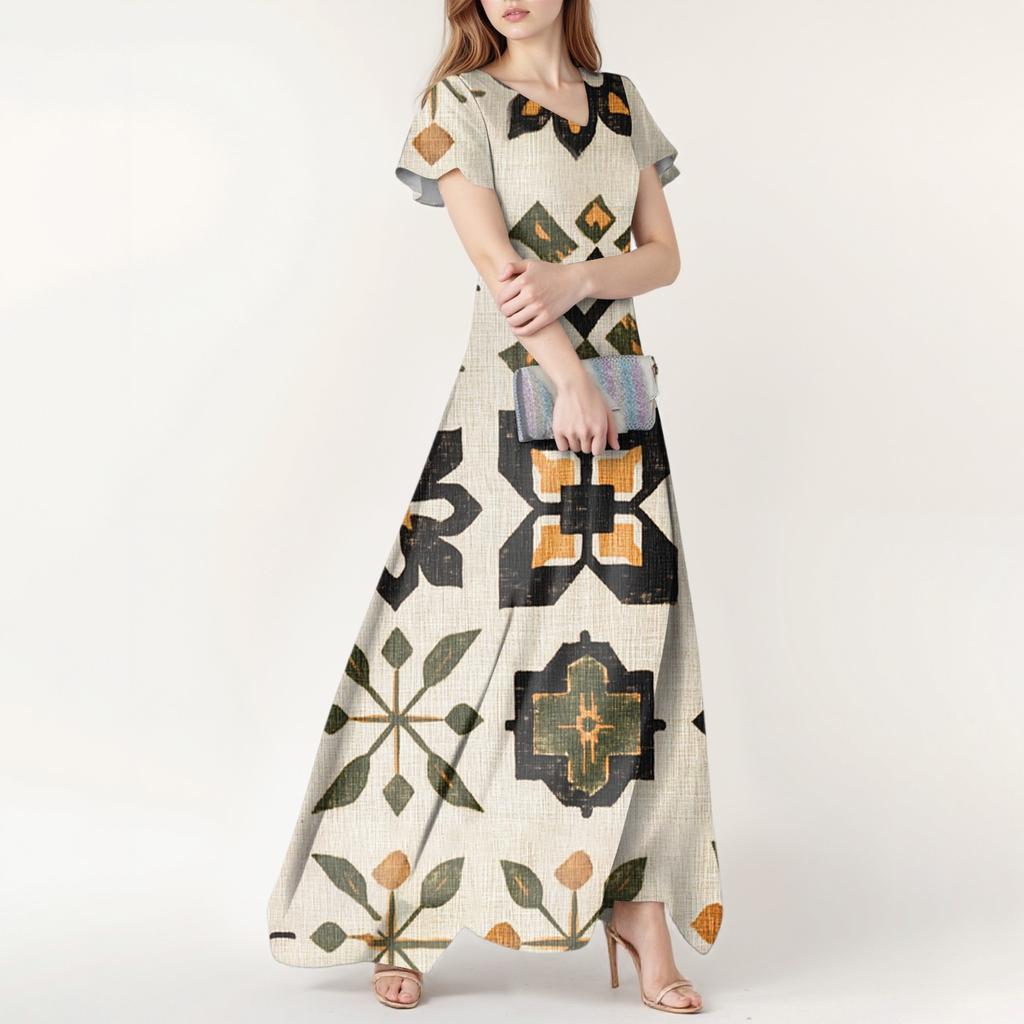 Women's Summer Casual Fashion Bohemian Printed Dress V Neck Short Sleeve Dress