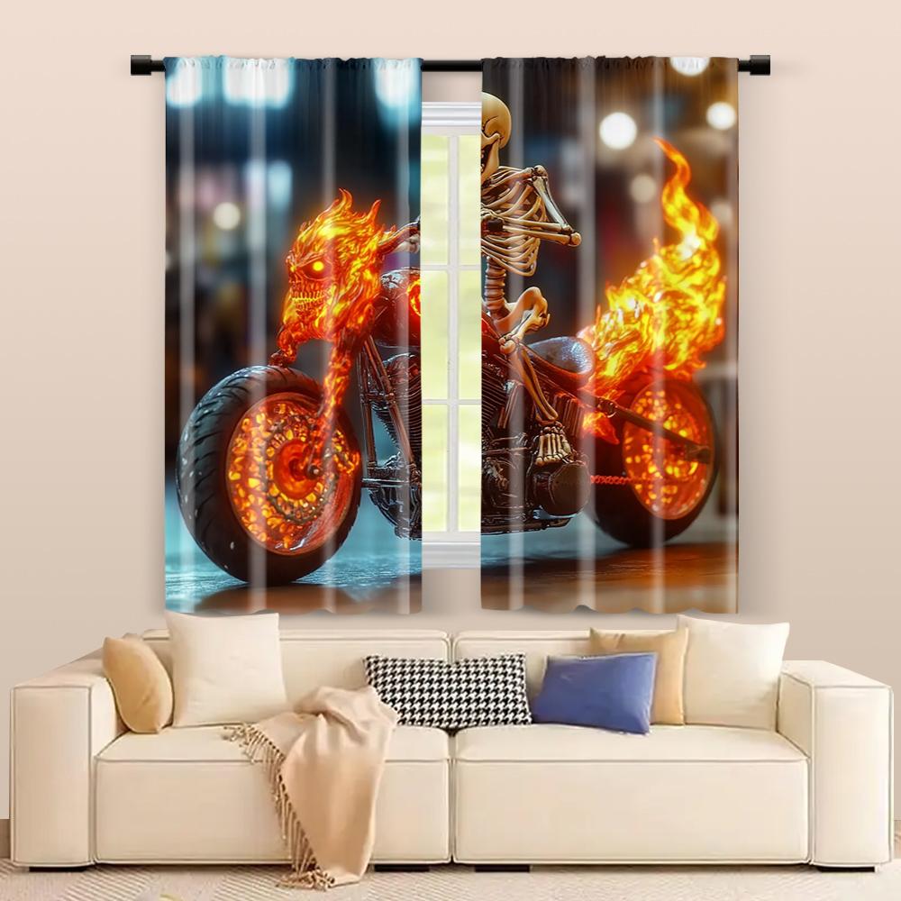 Set Of 2 Filtering Curtains Excluding Rods Non Movable Without Batteries Flame Skull Motorcycle Curtain Made Polyester