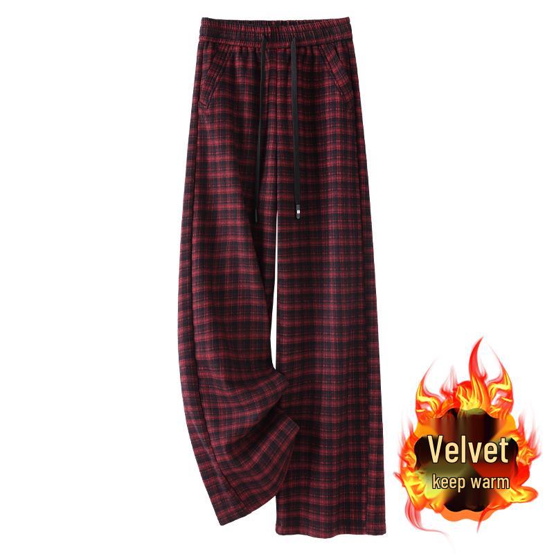 

Ankola Women s 2024 Red Retro Plaid Fleece Pants - Autumn/Winter Casual Straight-Leg Style M