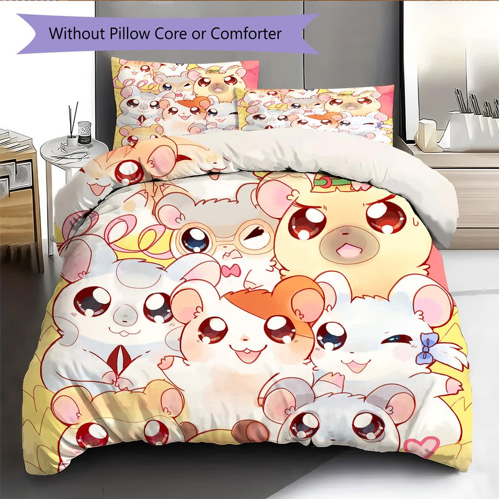 Hamtaro Muster Bettwäsche Bettdecke Set Heimdekoration Geschenk (1 Bettbezug + 2 Kissenbezüge (ohne Füllung))