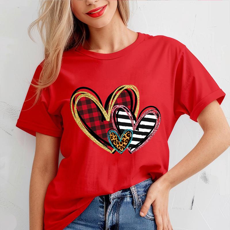 Valentine Heart Printed T Shirt for Women Leopard Heart T-shirt Girl Short Sleeve Crew Neck Casual Top for Summer Women Clothing