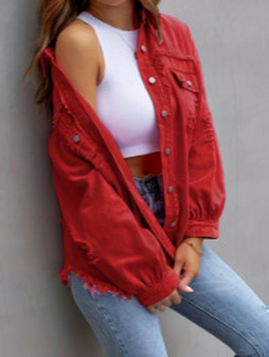 Women's 2025 European & American Solid Color Ripped Denim Jacket - Loose Fit, Long Sleeve