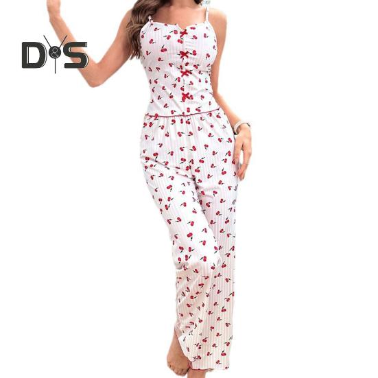 

2 шт./комплект женский жилет брюки костюм бант сердечко принт без рукавов сборка кант топ сетчатые лоскутные брюки домашняя одежда одежда для сна наряд летняя одежда для отдыха S красный