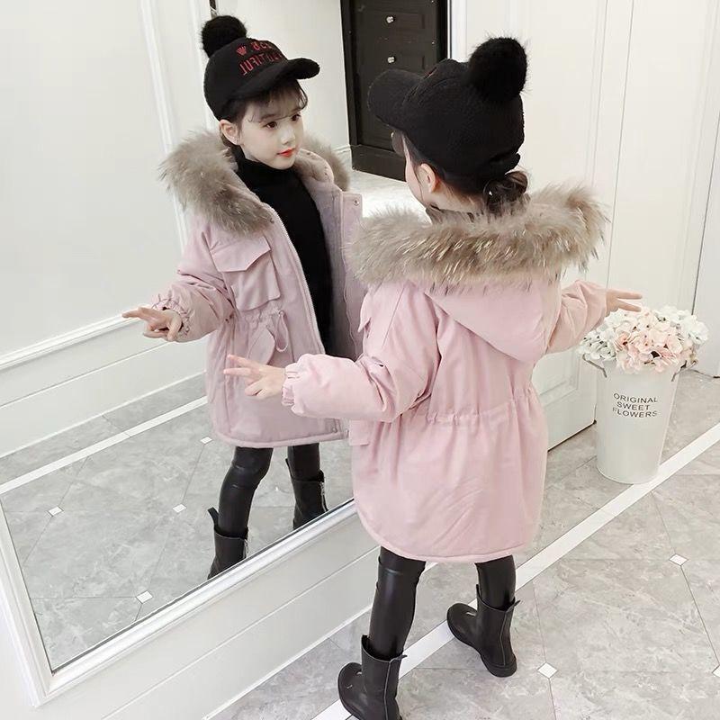 

Girls Winter Clothes Cotton Jacket Korean Version Fashionable Embroidered Cotton Jacket with Thick Fur Collar and Cotton Jacket 110 рожевий