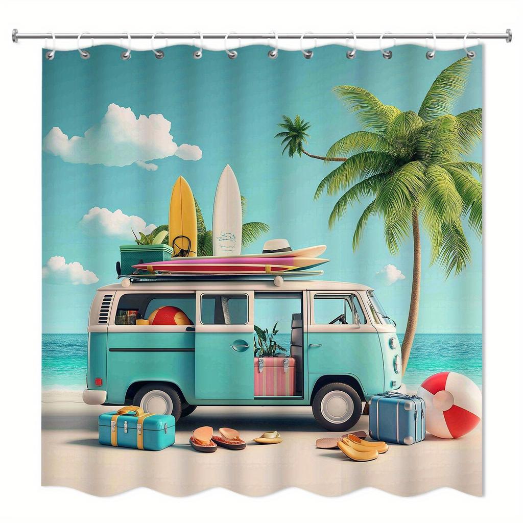 Retro VW Van Tropical Beach Shower Curtain Coastal Summer Vacation Decor Bathroom Waterproof Print