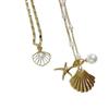 European Ocean Style Faux Pearl Clavicle Chain, Multi-layer Stackable Necklace with Starfish & Shell Pendants