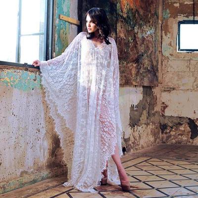 Sexy Durchsichtig Übergröße Damen Sommer Strandbekleidung Bikini Überwürfe Spitze Tunika Maxi Kleid Robe EMA