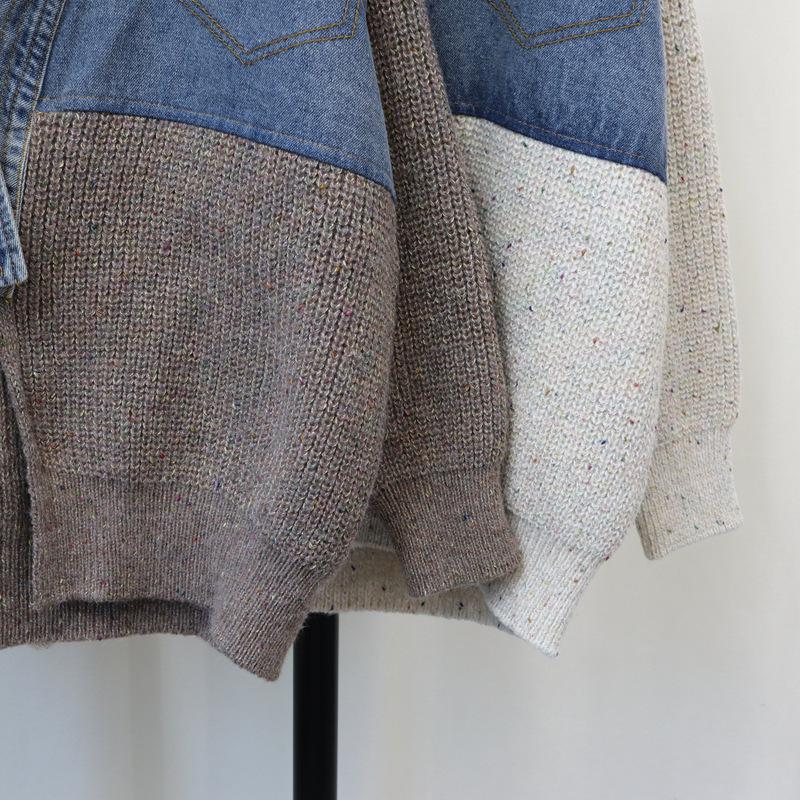 European Patchwork Denim Knitted Cardigan - Korean Style Women's Loose Sweater Coat