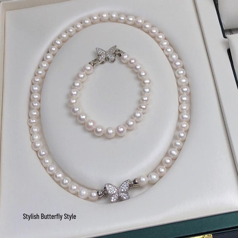 Versatile Women's Freshwater Pearl Necklace Bracelet Set