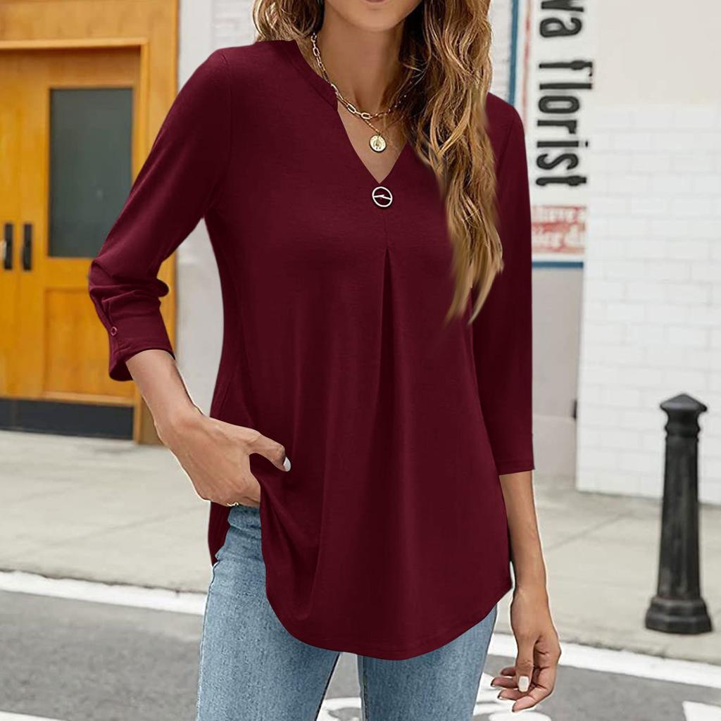 Damen Kragen V-Ausschnitt 3/4 Ärmel Hemden Business Casual Oberteile Locker Arbeit Blusen