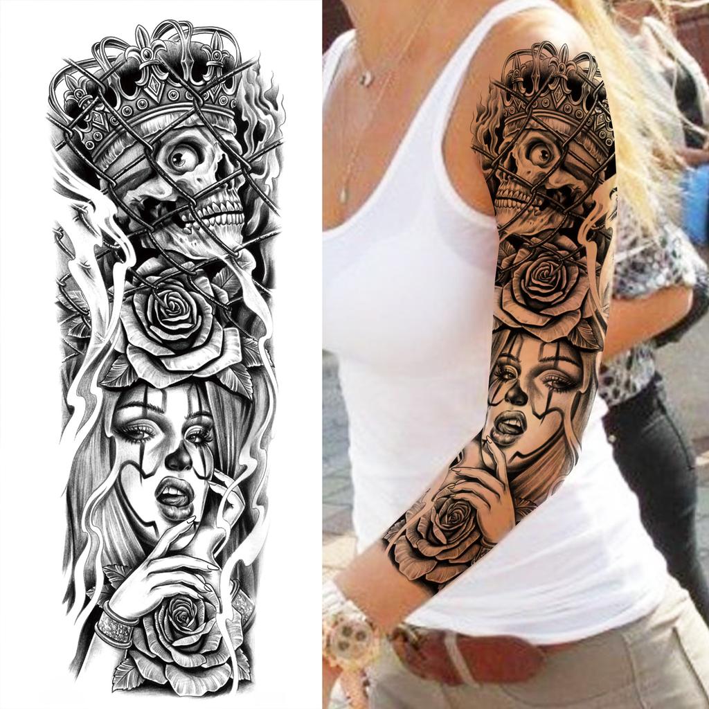 1 Sheet Long Sleeve Temporary Tattoos For Men Women Flower Skull Lion Wolf Tiger Nun Fox Compass Tattoo Sticker Body Art Arm Leg