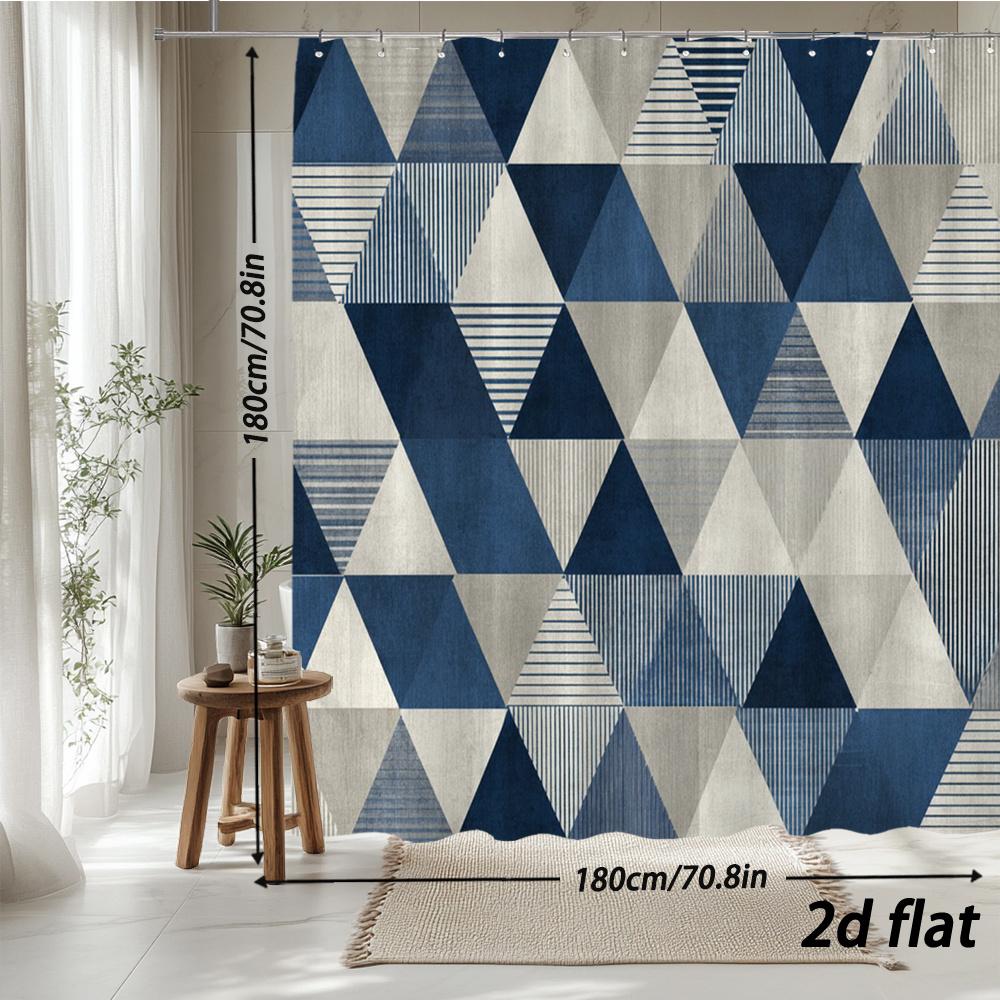 Navy & Gray Geometric Triangle Shower Curtain – Scandi Modern Bath Decor 70.8X70.8In, Polyester, Machine Washable, 12 Hooks