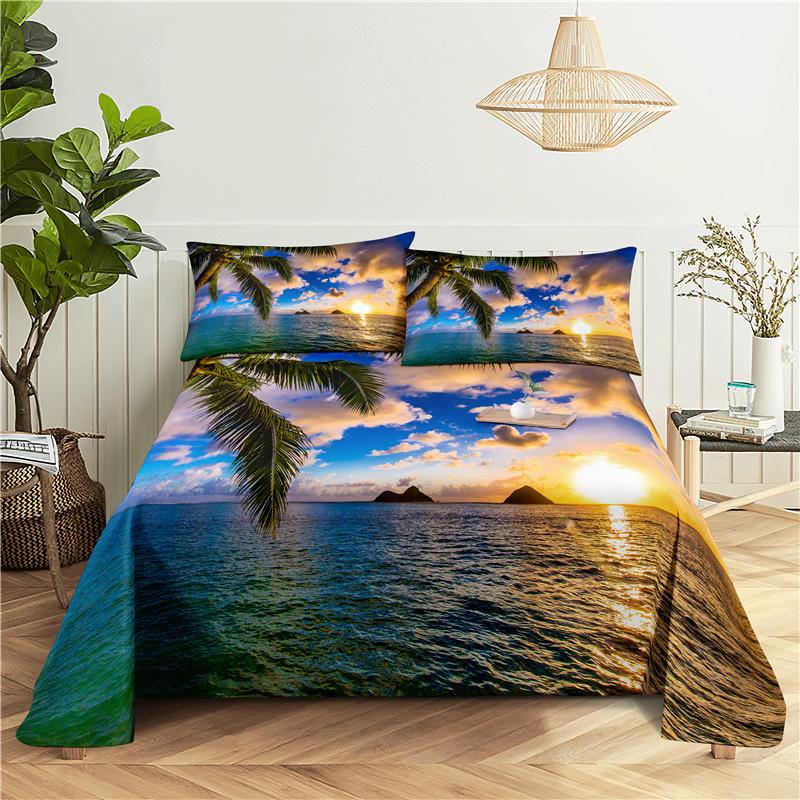 2/3Pcs Beach Bedding Sheet Home Digital Printing Polyester Bed Flat Sheet With Pillowcase Print Bed Sheet
