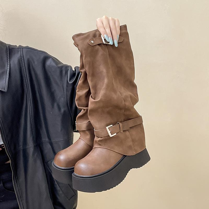 Fashion retro round head thick-soled high tube fashion boots women's 2025 autumn and winter new outer wear solid color with coat trousers boots