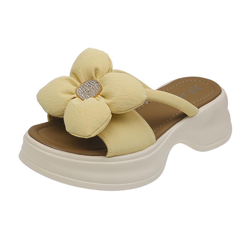 Fashion Platform Rhinestone Flower Slippers Women's Outward Wear Summer New Round Toe Open Toe Soft Sole Non-slip Flip-flops