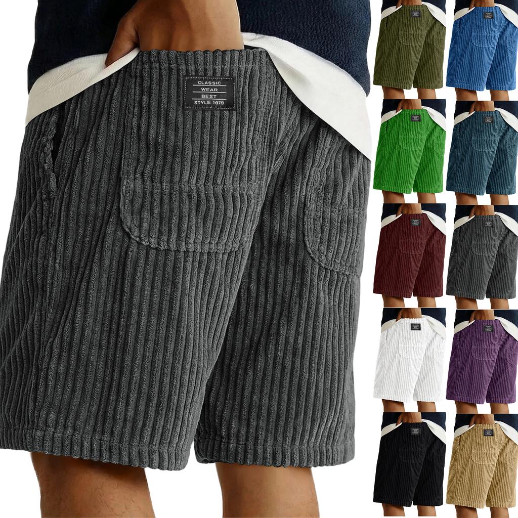 Men’s Corduroy Shorts with Patch Pockets Relaxed Fit Mid Length Elastic Waistband Casual Design