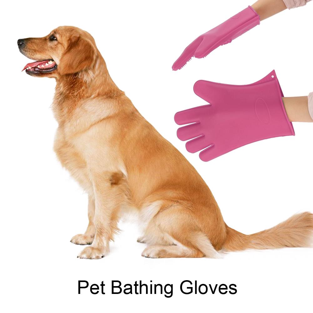Silicone Waterproof Pet Bathing Brush Grooming Massage Gloves Dog Hair Comb Rose Red