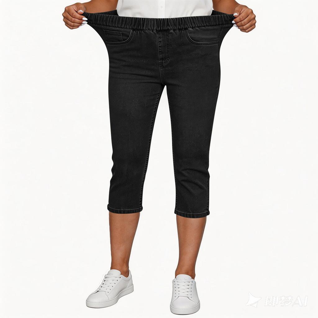 Women’s Stretch Denim Capri Pants Elastic Waistband Pull On Style with Functional Pockets for Everyday Wear