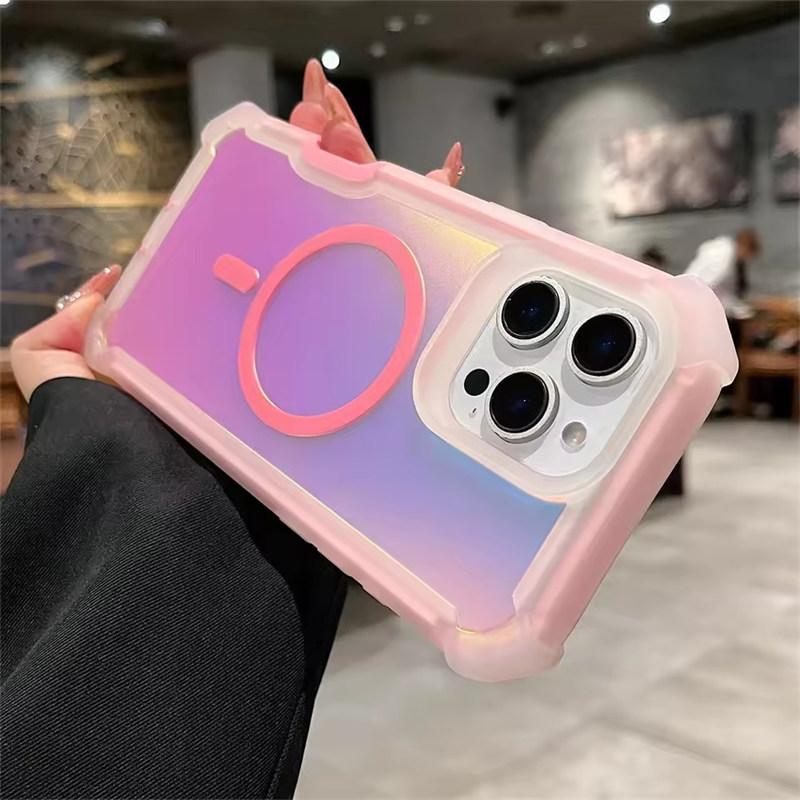 Luxury Magsafe Laser Dazzling Armor Case For iPhone 16 15 14 13 Pro Max Plus Samsung S22 23 24 25 Ultra Wireless Charging Dual Layer Protection Cover