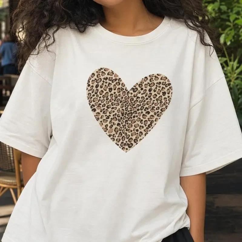 Leopard Heart Shirt Women Plus Size Cheetah Print Graphic Tee Casual Top M
