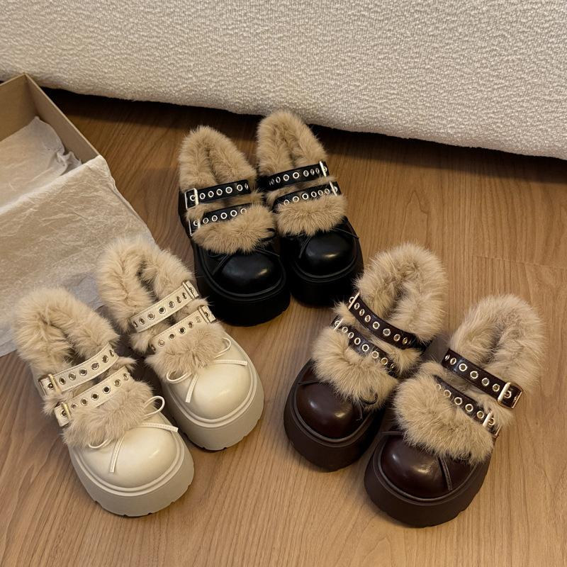 Women's Fur One Thick Bottom Heightening Winter Lightweight Warm Snow Boots Non-slip Wear-resistant Casual Sports Mary Jane Cotton Shoes