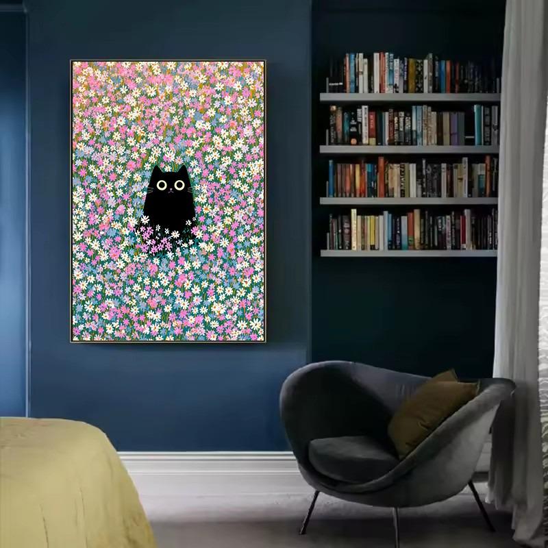 Vintage Klimt Inspired Black Cat Colorful Field of Flowers Illustration Poster Canvas Wall Art Pictures Home Decor