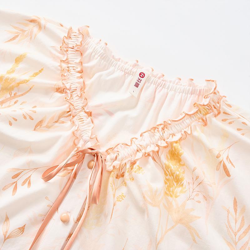 Fenteng [100% cotton outerwear] Summer new lace V-neck romantic short sleeved seven quarter pants pajamas women's home wear