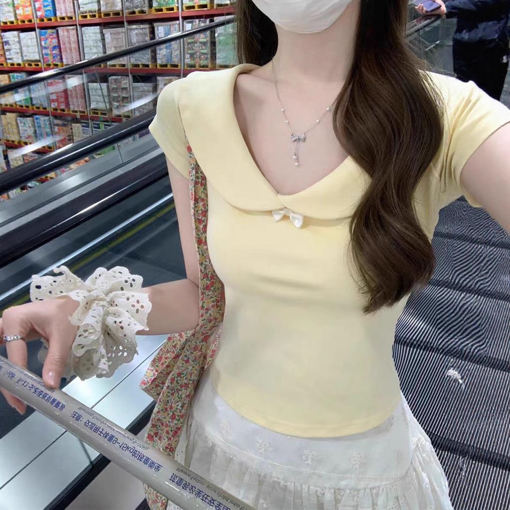Camiseta de Manga Corta Dulce con Cuello de Muñeca y Lazo Estilo Girly Linda Verano Pura Tentación Skinny Spice Girl