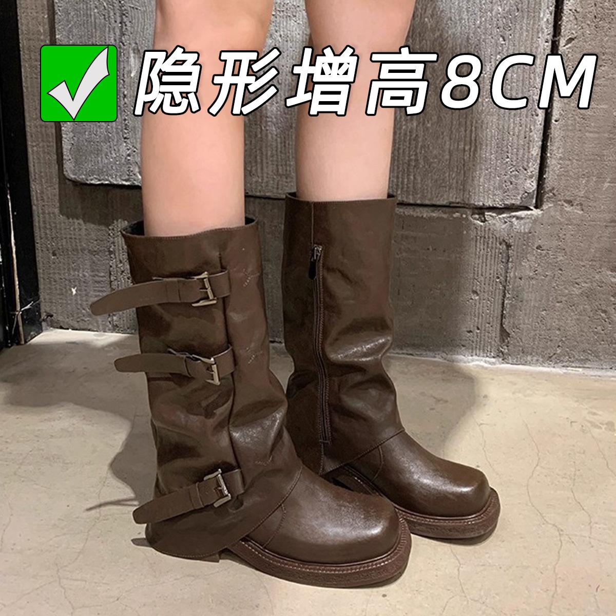 

Найди второй волосок! Виноградная мать, те же туфли, внутренняя высота, увеличение, ремень с пряжкой, квадратный круглый носок, толстый каблук, плиссированные высокие рыцарские сапоги, женские 40