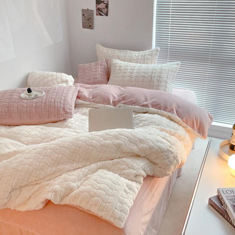 Solid Color Rabbit Hair Small Square Four-piece Set Milk Fleece Bed Sheet Thickened Quilt Cover Waffle Warm Three-piece Set