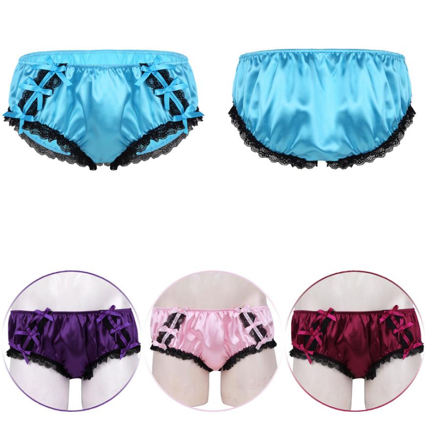 Men's Low Waist Ruffled Floral Lace Satin Bikini Panties Stretchy Knickers Sissy Lingerie