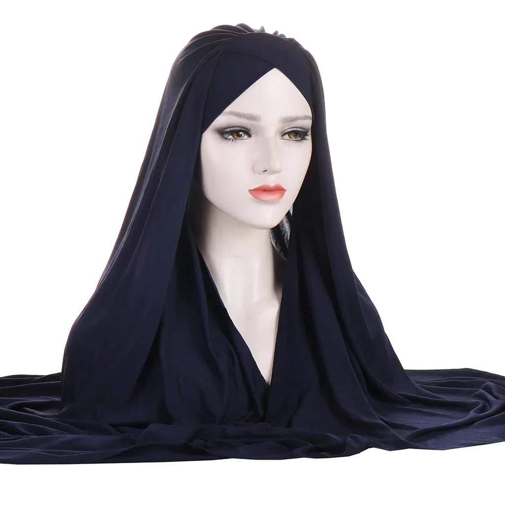 Sofort-Hijab Jersey-Hijabs Für Frauen Kreuz Stirn Pailletten-Turban Muslimische Frauen Hijab-Schal Türkischer Baumwoll-Hijab Für Frauen