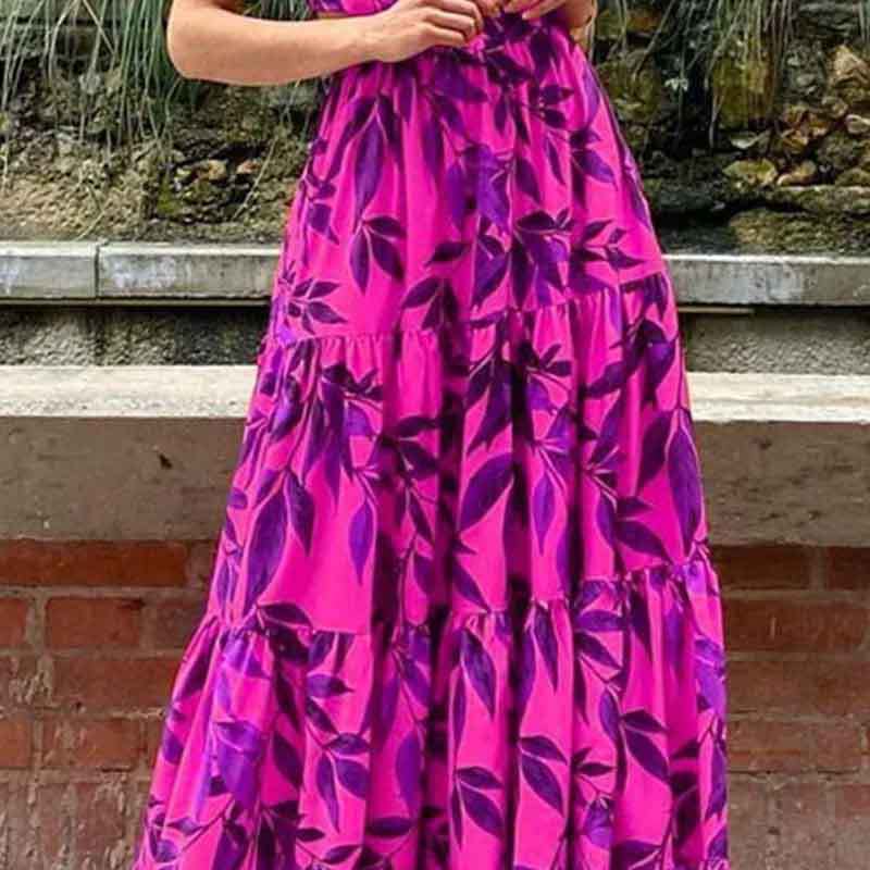 Sommerkleid für Damen, bedruckt, Rundhalsausschnitt, langer Rüschensaum