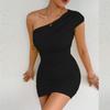 Women's One Shoulder Bodycon Dress Ruched Mini Dress Slim Fit Casual Clubwear Stretch Fabric