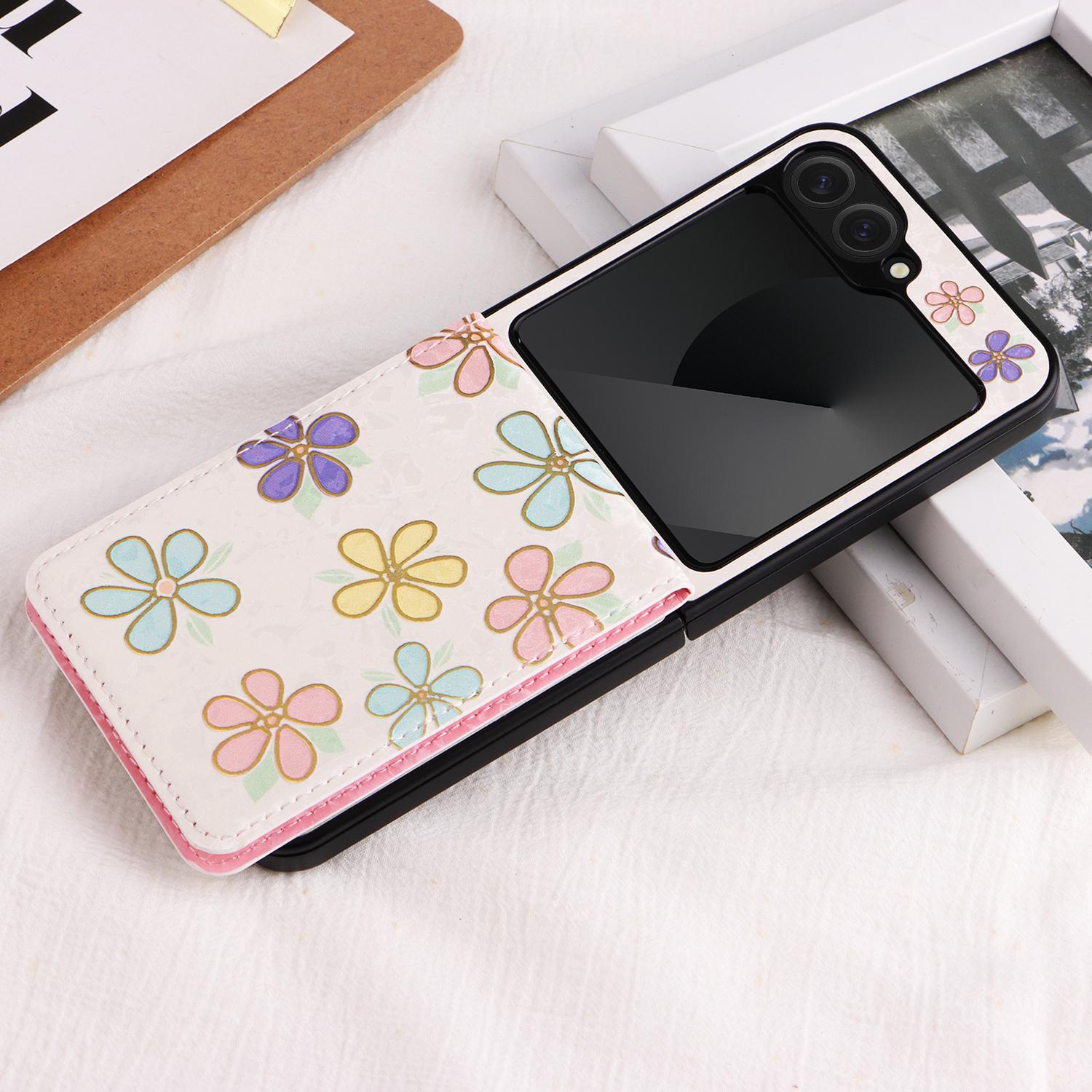 

For Samsung Galaxy Z Flip7 FE 5G/Z Flip6 5G/Flip5 5G Case Flower Pattern PU+TPU Phone Cover Card Slots Flowers